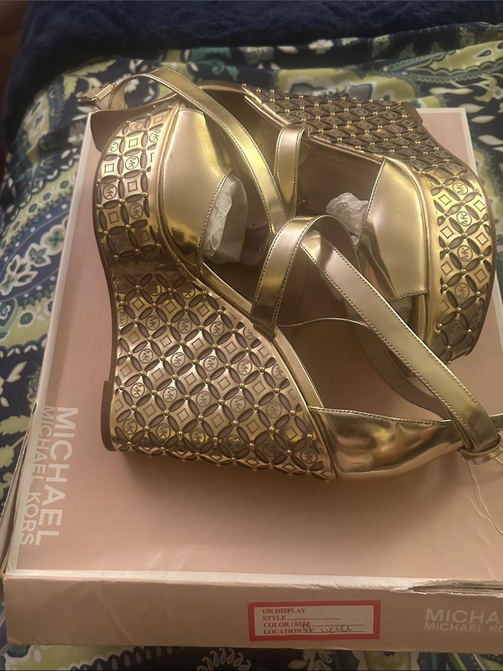 Michael Kors Metallic Gold Embossed Wedge Sandals